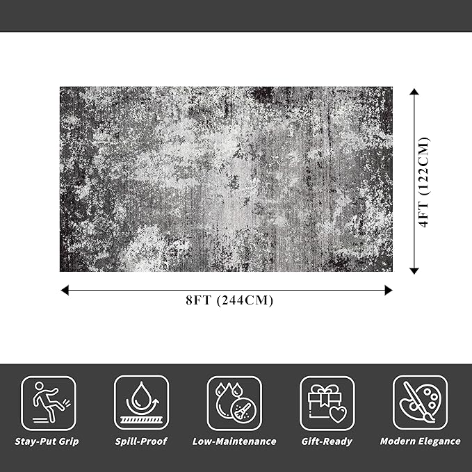 4x8 Rug Non-Slip Washable – Boho Scalloped Runner Rug for Indoor Entryway, Kitchen, Bathroom, Hallway – Low-Pile Thin Floral Wide Carpet Runner for Bedroom, Living Room, Office (Black Grey,4x8)
