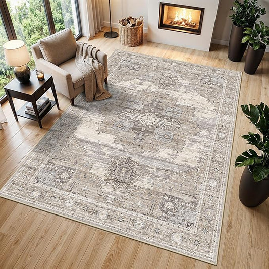 Washable Vintage 8x11 Area Rugs, Indoor Large Living Room Rugs Low Pile Soft Carpet with Non-Slip Backing, Stain Resistant and Easy Care Room Decor Mat for Bedroom Dining Room Office 8x11 Beige