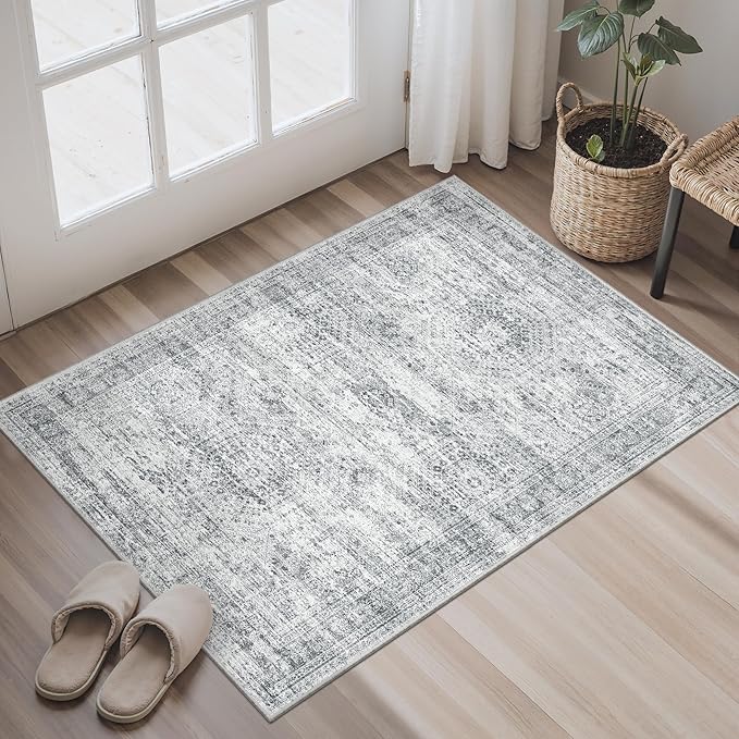Soalmost 2x3 Washable Rugs for Kitchen, Floor, Entryway, Powder Room Small Area Rug Non-Slip Vintage Low Pile Throw Door Mat Grey
