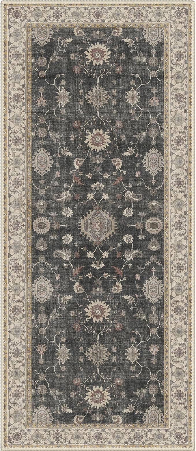 GENIMO Runner Rug for Hallways Machine Washable, 3x7 Non Slip Boho Vintage Lightweight Washable Runners, Thin Floor Rugs for Entryway Hallway Bathroom Laundry Room Corridor, Charcoal Brown