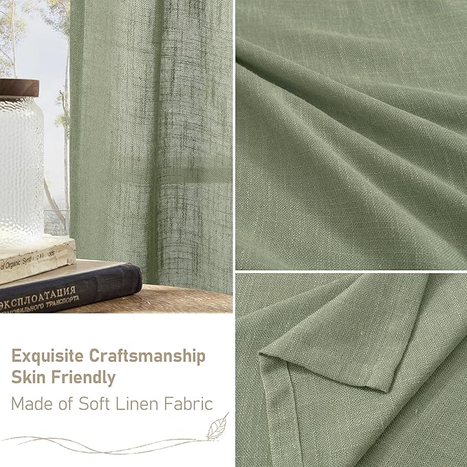 LAMIT Sage Green Linen Curtains 90 Inch for Living Room, Back Tab and Rod Pocket Linen Textured Curtains Light Filtering Drapes for Bedroom/Dining Room, Set of 2, 52 x 90 Inch