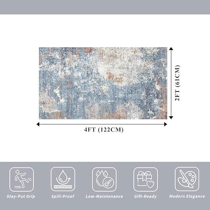 2x4 Runner Rug Washable Non-Slip – Small Throw Rug for Kitchen Floor, Bedroom, Entryway, Bathroom, Bedside – Modern Abstract Neutral Low-Pile Thin Indoor Door Mat（Blue Rust,2x4）