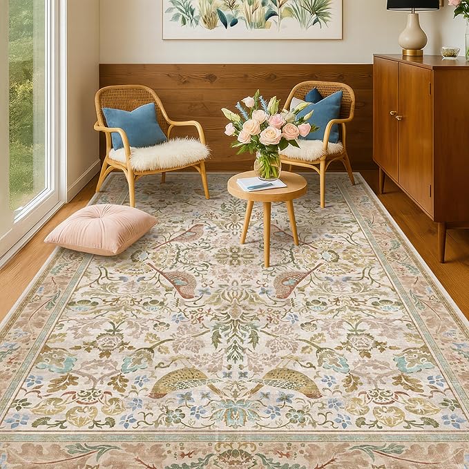 Hazo Haus Washable Area Rugs 5x7 for Living Room - Boho Cottagecore Earthy Rugs for Bedroom, Dining Room, Office with Vintage Beige Taupe Botanical & Bird Pattern, Non Slip Stain Resistant Low Pile