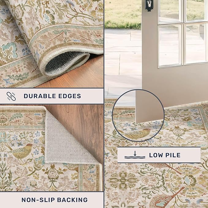 Hazo Haus 2'6"x8' Long Hallway Runner Rug - Vintage Botanical Wide Runners for Kitchen Bedroom Hall Way, Washable Non Slip with Rubber Backing, Beige Floral Décor