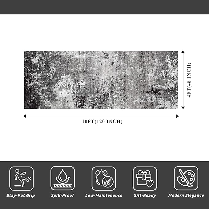 4x10 ft Extra Wide Hallway Rug – Non-Slip Washable Large Carpet Runner for Kitchen, Indoor Entryway, Modern Abstract Low-Pile Thin Floor Mat for Bedroom, Living Room, Dining Room (Black Grey,4x10)