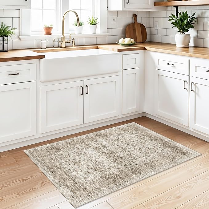 RUUGME 2x3 Entryway Rug Washable - Boho Rug Stain Resistant for Kitchen/Bathroom/Bedroom Low Pile Rubber Backed Rugs Ultra Thin Soft Home Decoration Floor Mat 2x3 Beige Brown