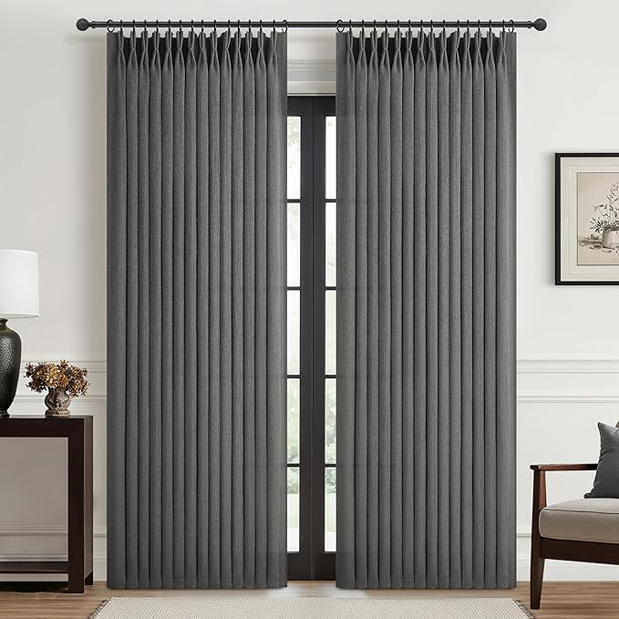Dark Grey Memory Shaped Pinch Pleated Living Room Curtains 84 Inches Long 2 Panels Set, Textured Linen Semi Sheer Privacy Curtain Light Filtering for Bedroom Windows Drapes 40"W x 84"L Charcoal Gray