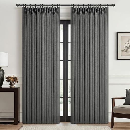 Dark Grey Memory Shaped Pinch Pleated Living Room Curtains 84 Inches Long 2 Panels Set, Textured Linen Semi Sheer Privacy Curtain Light Filtering for Bedroom Windows Drapes 40"W x 84"L Charcoal Gray