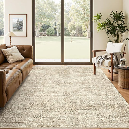 Soalmost 5x7 Area Rugs Brown Low Pile Indoor Washable Trendy Faded Style Floral Rugs for Bedroom Living Room Dining Room Foldable Non-Slip Thin Print Mat
