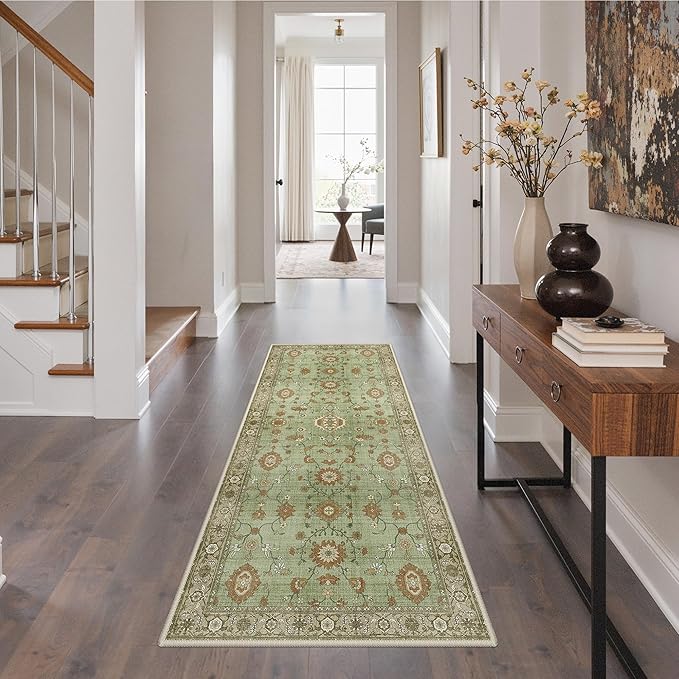 GENIMO Runner Rug for Hallways Machine Washable, 3x7 Non Slip Boho Vintage Lightweight Washable Runners, Thin Floor Rugs for Entryway Hallway Bathroom Laundry Room Corridor, Brick Sage