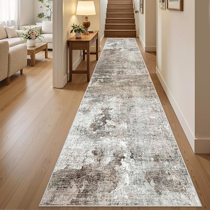 Soalmost Runner Rug 2x10 Washable Non-Slip Hallway Runner Rugs for Kitchen Bathroom Laundry Room Pink/Grey Vintage Floor Carpet Runners for Hallways Entryway