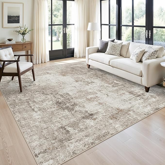 9x9 Square Area Rug Living Room – Washable Non-Slip Indoor Rug for Bedroom Dining Room Home Office – Low Pile Soft Durable Modern Neutral Carpet (Beige/Grey)