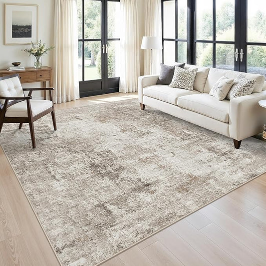 9x9 Square Area Rug Living Room – Washable Non-Slip Indoor Rug for Bedroom Dining Room Home Office – Low Pile Soft Durable Modern Neutral Carpet (Beige/Grey)