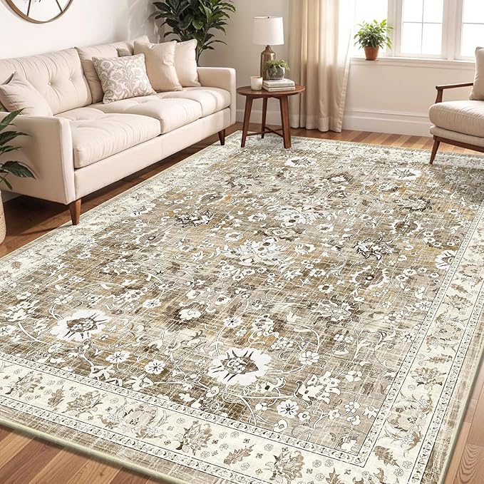 LOKHOM Living Room Area Rug 8x10, Non-Slip Vintage Soft Large Bedroom Rug with Rubber Backing, Low Pile Boho Floral Faux Wool Floor Carpet Distressed Rug for Bedroom Dining Room（Beige Brown）