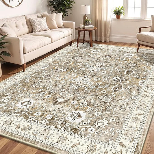 LOKHOM Living Room Area Rug 8x10, Non-Slip Vintage Soft Large Bedroom Rug with Rubber Backing, Low Pile Boho Floral Faux Wool Floor Carpet Distressed Rug for Bedroom Dining Room（Beige Brown）