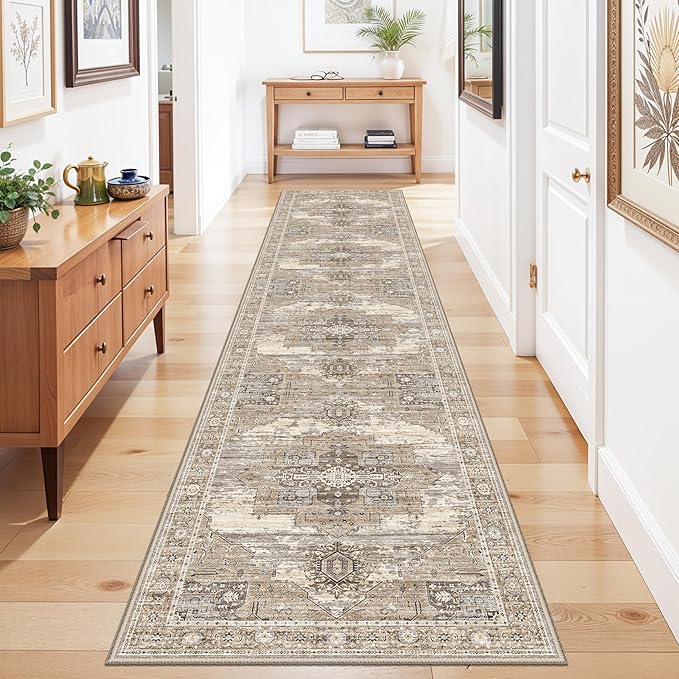 RUUGME Washable 2x10 Runner Rug - Long Boho Rugs for Kitchen Hallway Entryway Low Pile Stain Resistant Carpet with Non Slip Backing Indoor Vintage Home Decor Floor Mat for Bedroom Bathroom 2X10 Beige