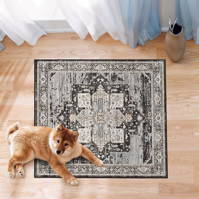RUUGME 2x2 Washable Bathroom Area Rug, Non-Slip Vintage Oriental Low Pile Carpet, Soft Floor Mat for Entryway, Kitchen Sink, Laundry Room,Stain Resistant Home Decor Mat for Small Space 24x24 Black