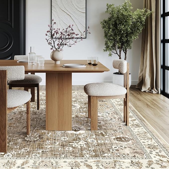 LOKHOM Living Room Area Rug 6x9, Non-Slip Vintage Soft Bedroom Rug with Rubber Backing, Low Pile Boho Floral Faux Wool Floor Carpet Distressed Rug for Bedroom Dining Room（Beige Brown）