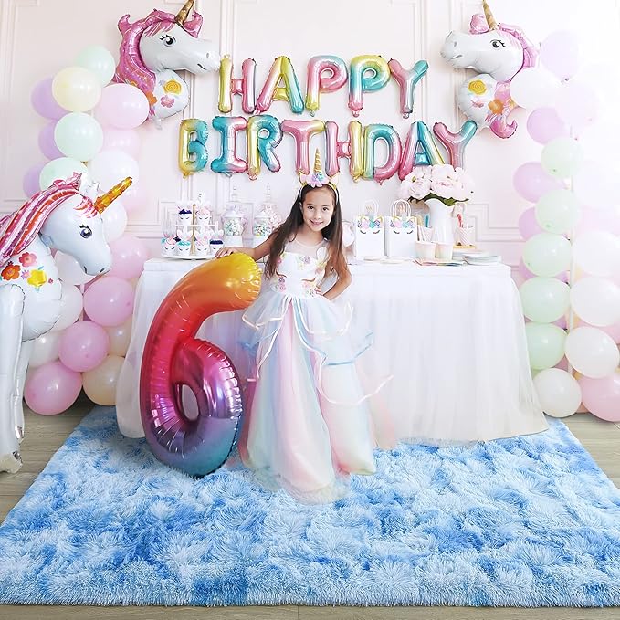 Noahas 4x6 Fluffy Kids Rugs for Room,Soft Blue Tie-Dyed Rainbow Rug for Girls Bedroom,Soft Colorful Playroom Shag Nursery Carpets Room Decor