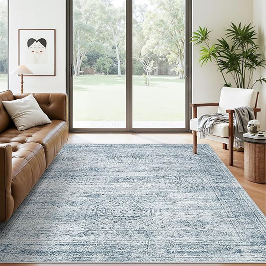 Soalmost 5x7 Area Rugs Blue Low Pile Indoor Washable Trendy Faded Style Rugs for Bedroom Living Room Dining Room Foldable Non-Slip Thin Print Mat