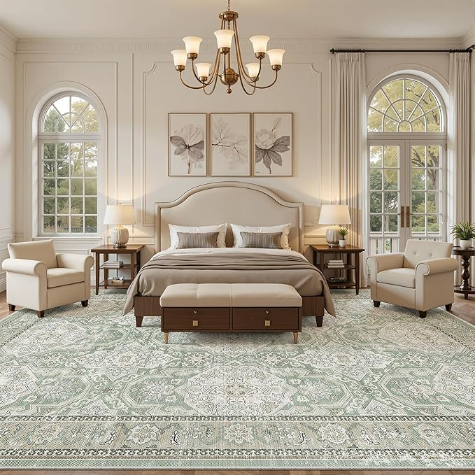 Soalmost 10x14 Area Rugs for Living Room, Non Slip Machine Washable Vintage Rugs, Low Pile Lightweight Large Rug for Bedroom, Dining Room, Home Office Green/Brown