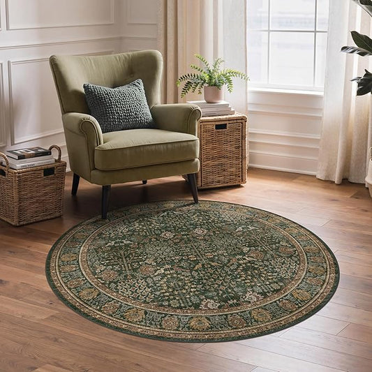 Bavni Round Rug 4ft-Machine Washable Area Rugs Non-Slip for Bedroom, 4x4 Vintage Floral Rug Distressed Throw Carpet for Living Room Nursery Kitchen Bathroom, Dark Green/Multi