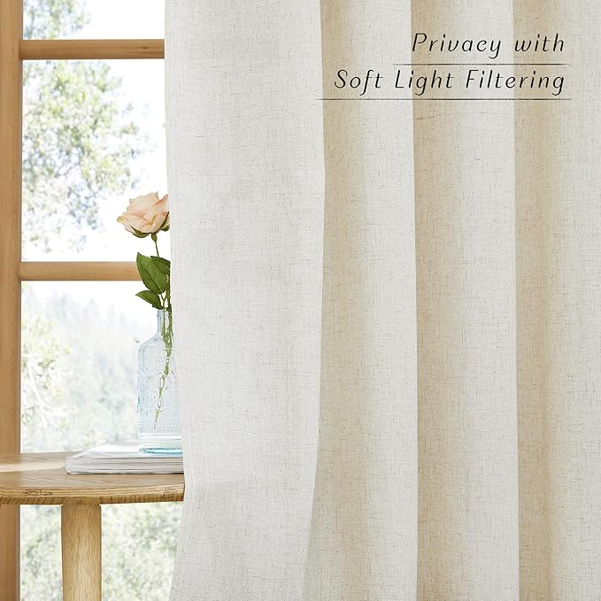 NICETOWN Natural Linen Kitchen Curtains 36 inch Length, Decorative Thick Flax Small Window Treatments Privacy Assured with Light Filtering for Bedroom/Bathroom, W55 x L36, 2 Panels
