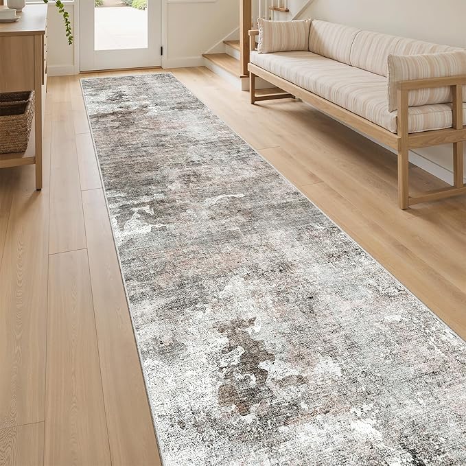 Soalmost Runner Rug 2x12 Washable Non-Slip Hallway Runner Rugs for Kitchen Bathroom Laundry Room Pink/Grey Vintage Floor Carpet Runners for Hallways Entryway