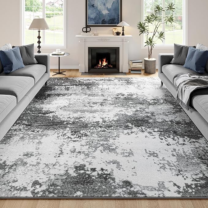 Washable Rug 8x10 Area Rugs for Living Room Bedroom Carpet, Grey Indoor Vintage Abstract Boho Large Rug Non Slip Faux Wool Rugs for Dorm, Dining Room Table, Nursery, Kids Playroom, Gray