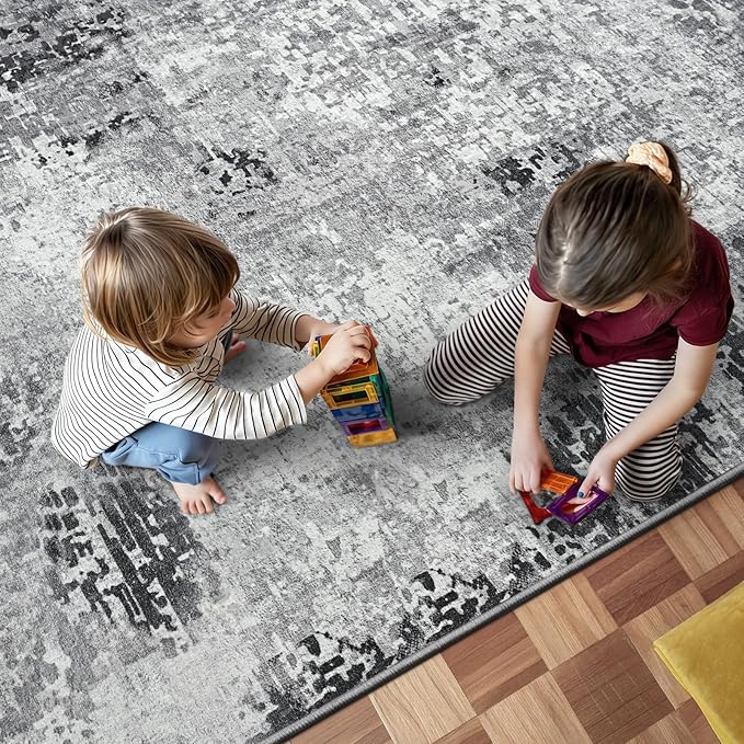 3x7 Grey Rug Runners for Hallways Kitchen Runner Rug Non Slip Washable Black Long Runner Rugs with Rubber Backing Soft Abstract Carpet Runner for Bedroom, Kitchen, Bathroom, Entryway
