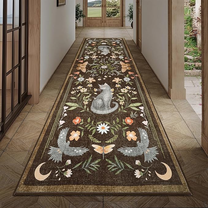 GarveeHome 2.5x8 Cat Washable Runner Rug for Hallway, Soft Brown Long Kitchen Runner Non Slip Mushroom Insect Entryway Rug Floral Laundry Mat Stain Resistant Carpet for Bathroom Beside Rug