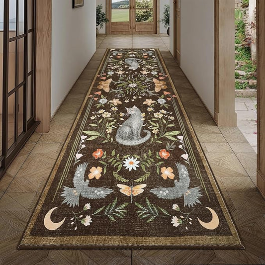 GarveeHome 2.5x8 Cat Washable Runner Rug for Hallway, Soft Brown Long Kitchen Runner Non Slip Mushroom Insect Entryway Rug Floral Laundry Mat Stain Resistant Carpet for Bathroom Beside Rug