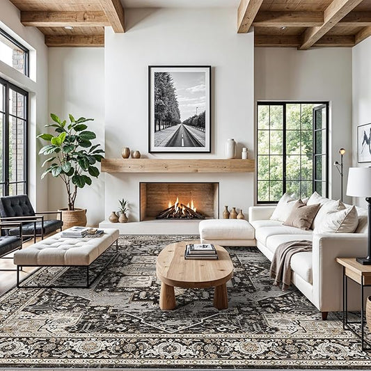 Living Room 12x12 Area Rug - Large Washable Area Rugs with Non Slip Backing Stain Resistant Carpet Indoor Soft Carpets Distressed Decoration Mat for Bedroom Dining Room 12x12 Black