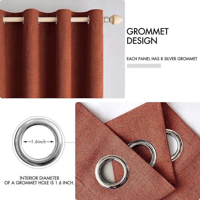 MIULEE Linen Curtains for Bedroom 100% Blackout Thermal Insulated Burnt Orange Grommet Room Darkening Curtains & Drapes Rust Terracotta Fall Decor for Living Room Nursery 52 x 90 Inch (2 Panels)