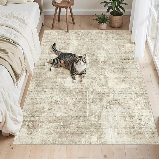 Soalmost 4x6 Area Rugs for Living Room, Vintage Washable Rugs for Dining Room, Bedroom, Home Office Decor, Non-Slip Beige/Gray Carpet Thin Rug