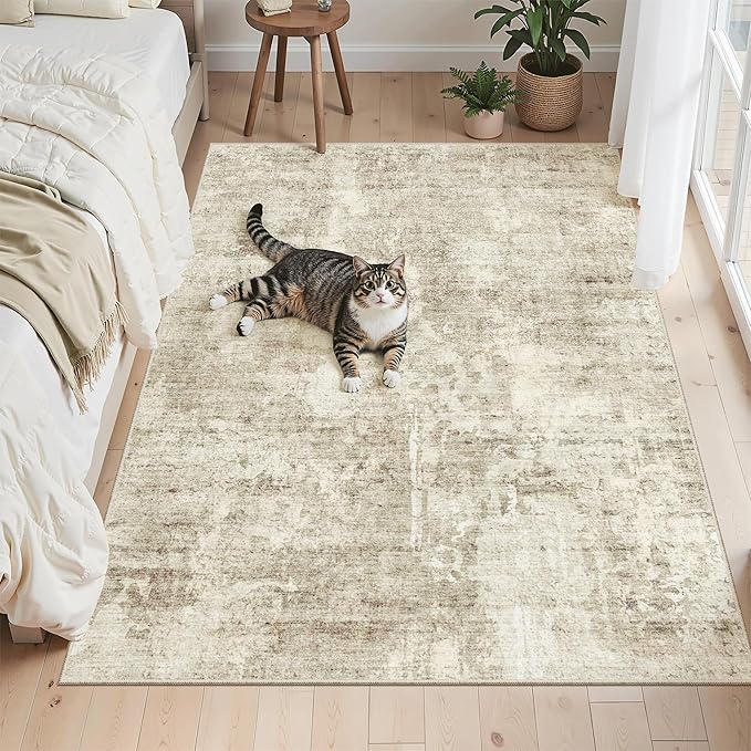 Soalmost 3x5 Rug, Small Area Rug for Kitchen, Entryway, Machine Washable Non-Slip Throw Rug, Vintage Carpet for Nursery Coffee Table Beige/Gray