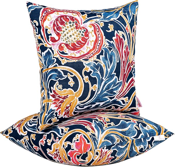 JMGBird Water-Resistant Outdoor Pillows Set of 2, 18x18 inch Durable Blue with Pomegranate Flower Pattern Throw Pillows with Inserts for Patio Furniture