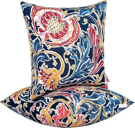 JMGBird Water-Resistant Outdoor Pillows Set of 2, 18x18 inch Durable Blue with Pomegranate Flower Pattern Throw Pillows with Inserts for Patio Furniture