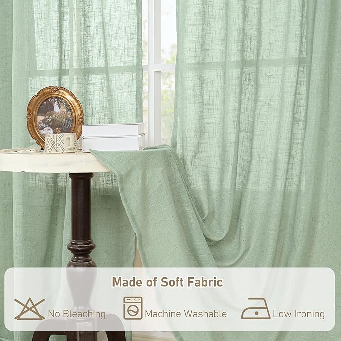 LAMIT 54 Inch Semi Sheer Window Linen Curtains, Light Filtering Panels Back Tab and Rod Pocket Country Decor Drapes for Bedroom/Farmhouse, Fresh Green, 2 Panels, 34 x 54 Inch