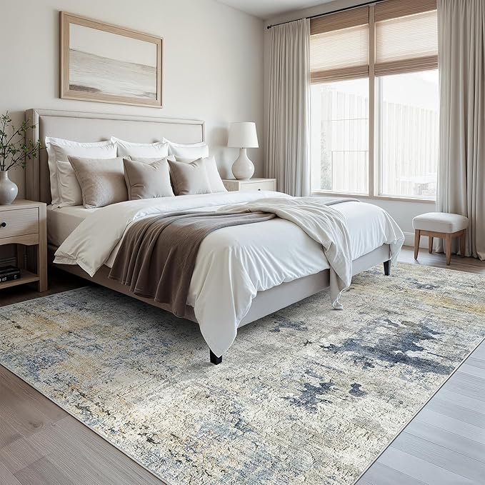 Soalmost Abstract Rug 8x10 Large Living Room Rugs Neutral Modern Washable Area Rugs for Bedroom Dining Room Non-Slip Stain Resistant Foldable Thin Rug Blue Yellow