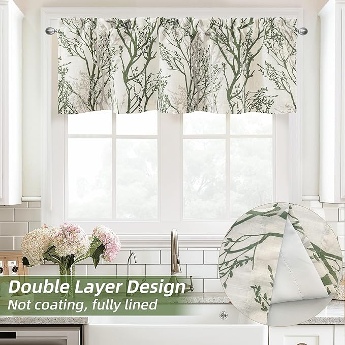 Driftaway Tree Branch Linen Lined Valance Double Layer Thermal Insulated Room Darkening Blackout Valances 3 Inch Rod Pocket Short Window Valance for Living Room Bathroom 52 Inch by 18 Inch Loden Green