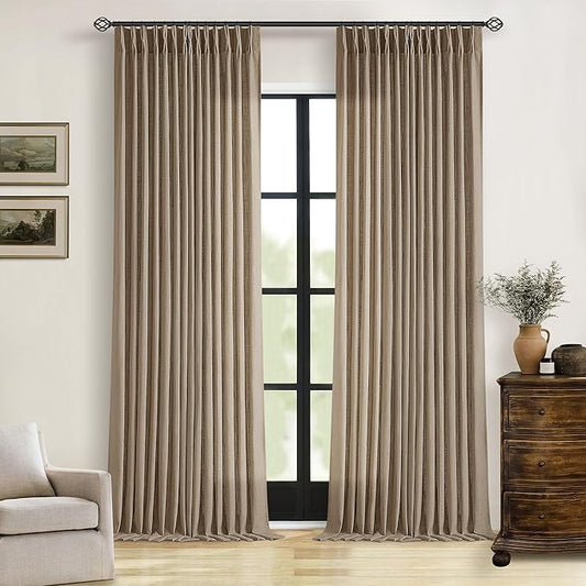 Extra Long Light Brown Linen Curtains 120 Inches Long Tan Brown Coffee Latte Farmhouse Rustic Curtain Light Filtering Semi Sheer Back Tab Pinch Pleat Curtain for Tall Ceiling Living Room 2 Panels