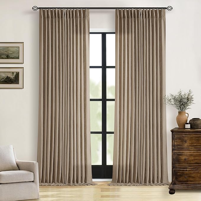 Light Brown Linen Curtains 92 Inches Long for Living Room Pinch Pleated Drape with Hooks Rings for Track System Light Filtering Farmhouse 92 Inch Curtain for Bedroom Sliding Patio Door 2 Panels