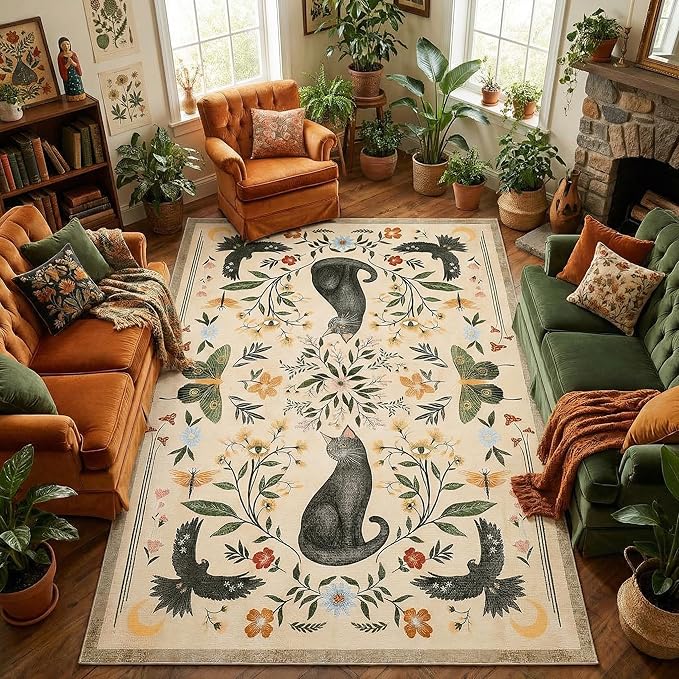 GarveeHome 5x7 Cat Area Rug Beige Washable Rugs for Living Room Bedroom, Soft Mushroom Floral Low Pile Non Slip Floor Mat Animal Print Throw Rug Indoor Carpet for Dorm Playroom Gothic Decor