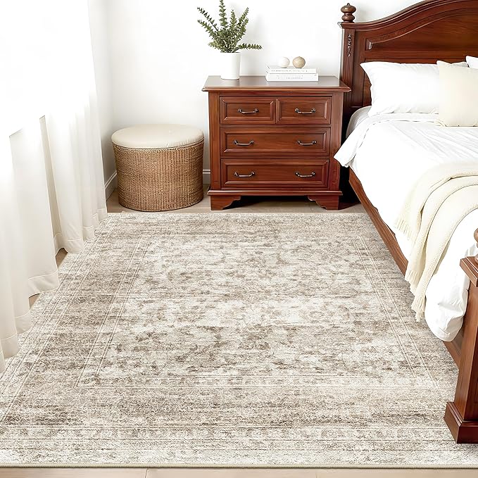 RUUGME Square Area Rugs 5x5 - Vintage Washable Rugs for Small Living Room Non Slip Rugs for Bedroom/Dining Room/Office/Nursery Stain Resistant&Easy Clean Home Decor Mat 5x5 Beige Brown