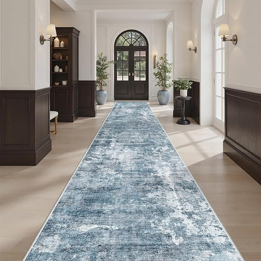 Soalmost Runner Rug 2'6" x 16' Washable Non-Slip 2.5x16 ft Long Runner Rugs for Kitchen Bathroom Laundry Room Vintage Ultra Thin Runners for Hallway Entryway Blue/Grey