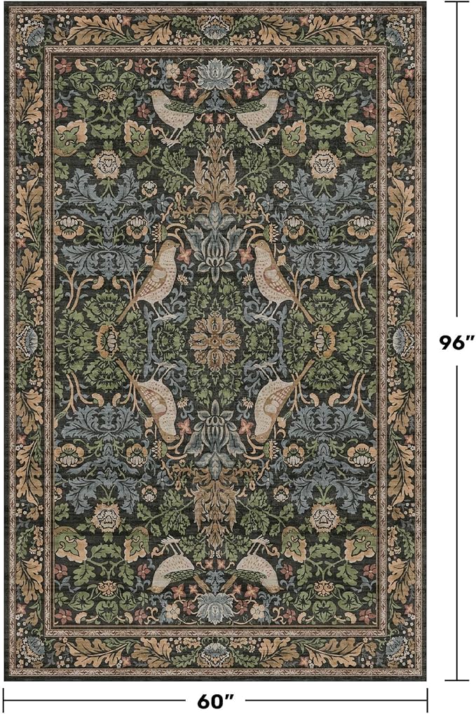 Hazo Haus Boho Living Room Rug 5x8 - Dark Green Rugs 5x8 for Bedroom, Dining Room, Office with Vintage Forest Farmhouse Botanical & Bird Design, Non Slip Stain Resistant Low Pile - Brown