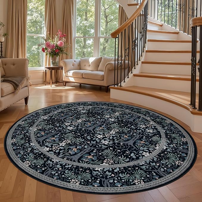 Joydeco Washable Round Area Rug for Living Room, Soft Round Rugs 6ft Non Slip with Rubber Backing, Vintage Large Circle Carpet for Bedroom Kitchen Nursery, Black-Blue Floral Décor