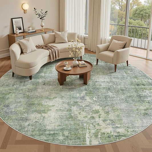 Soalmost 9x9 Green/Ivory Round Rug 9ft Living Room Circle Rug Vintage Round Area Rug Non Slip Indoor Carpet for Apartment