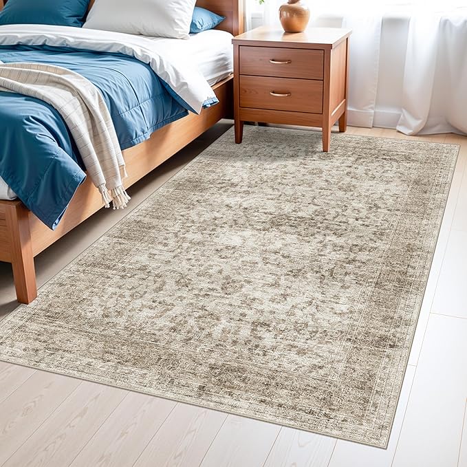 Living Room Washable Area Rugs 4x6 - Ultra-Thin Home Decor Mat for Bathroom/Nursery/Office-Vintage Soft Bedroom Carpets with Non Slip Backing Stain Resistant Rug for Household Women 4x6 Beige Brown